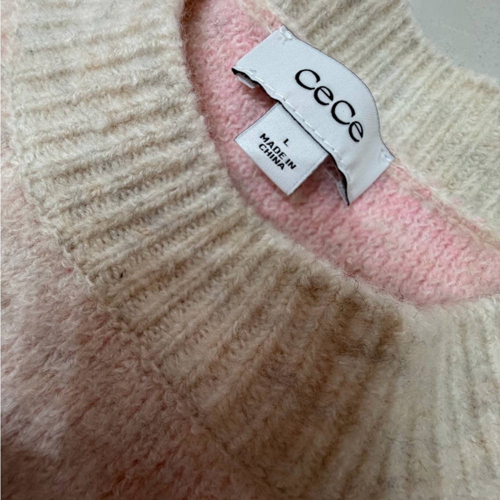 CeCe Women's Ribbon 🎀 Cream and Pink Baggy Sweater, Large - Picture 2 of 7